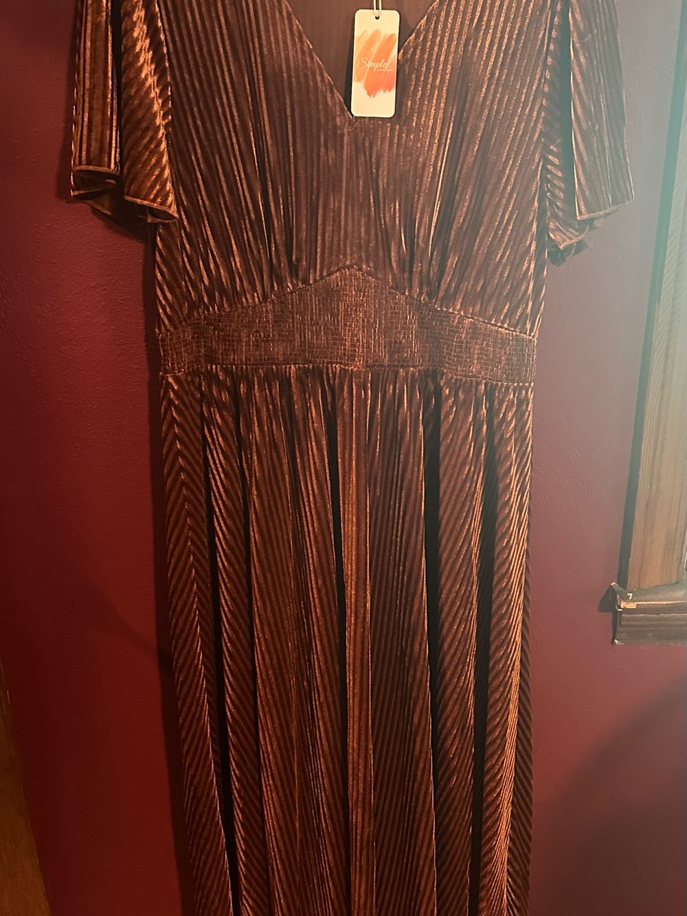 Simple Copper Metallic Pleated Maxi Dress